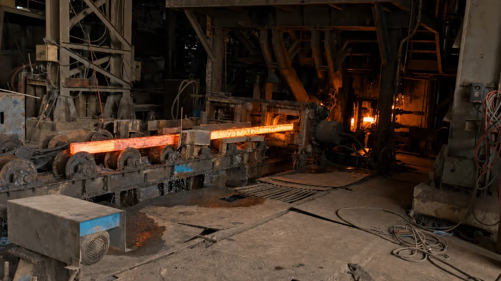 Glowing Hot Steel Bar on the Rolling Mill