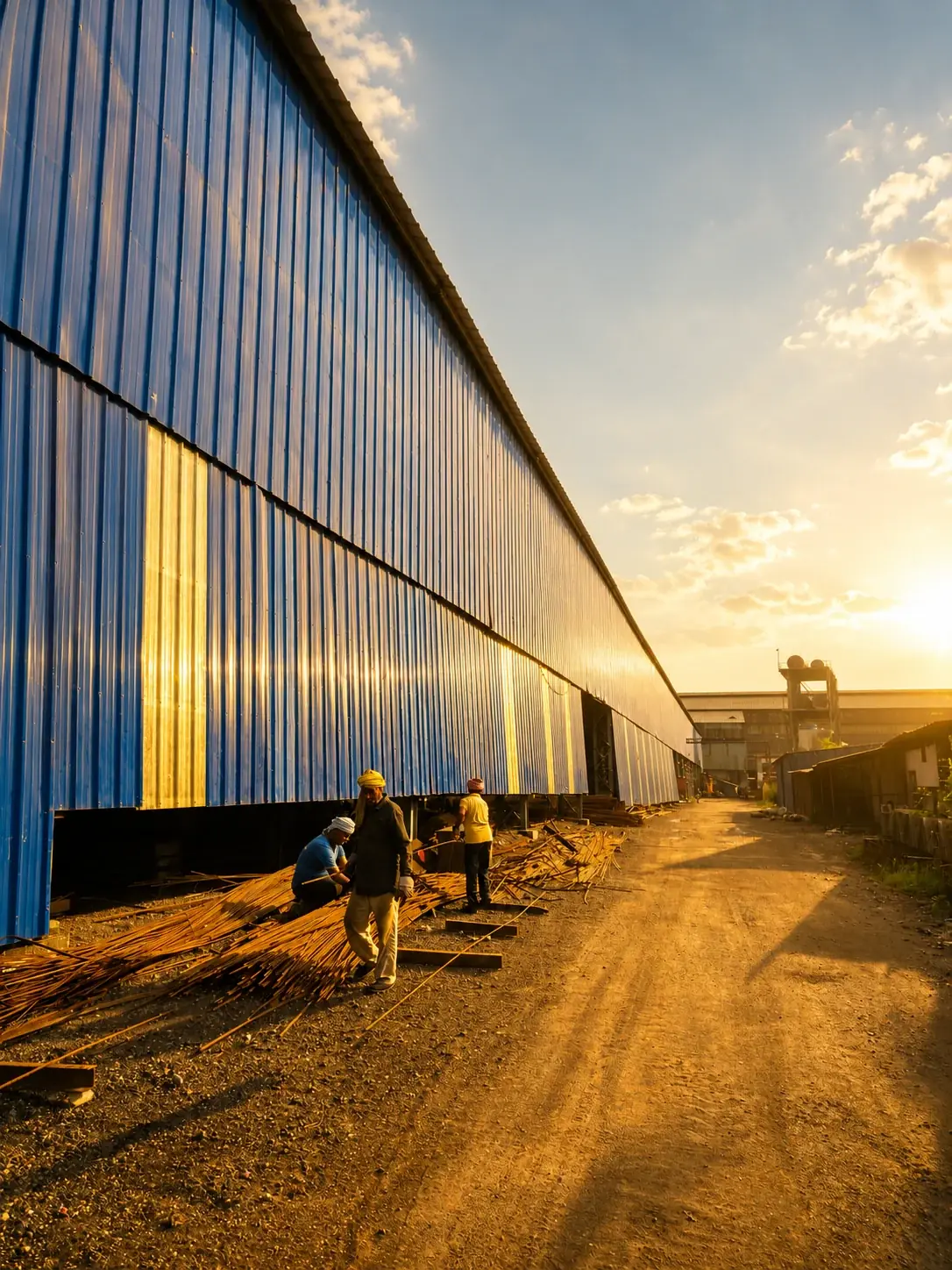 Workers Along the Factory Wall at Golden Sunset