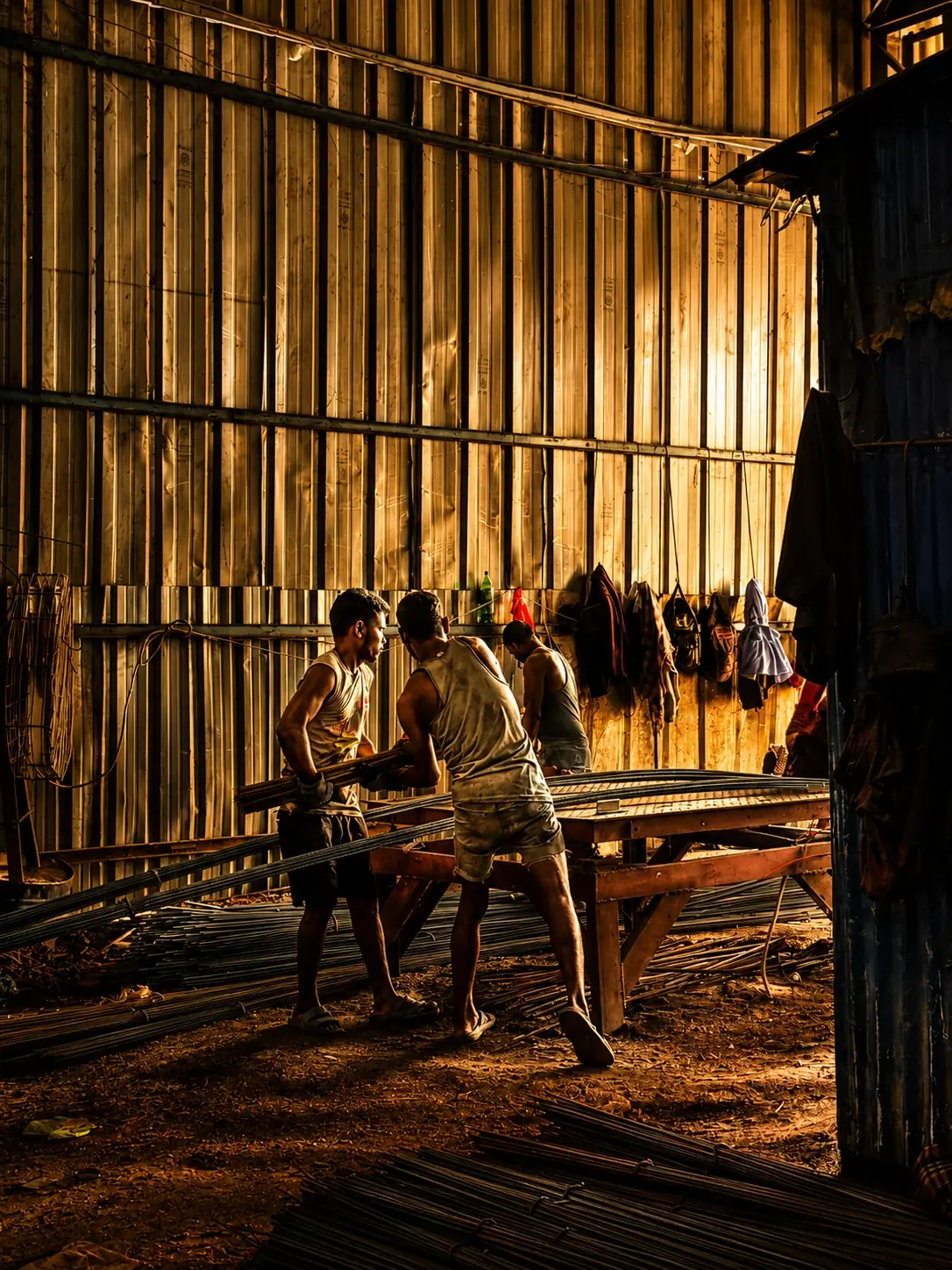Workers Bending Steel at the Workbench
