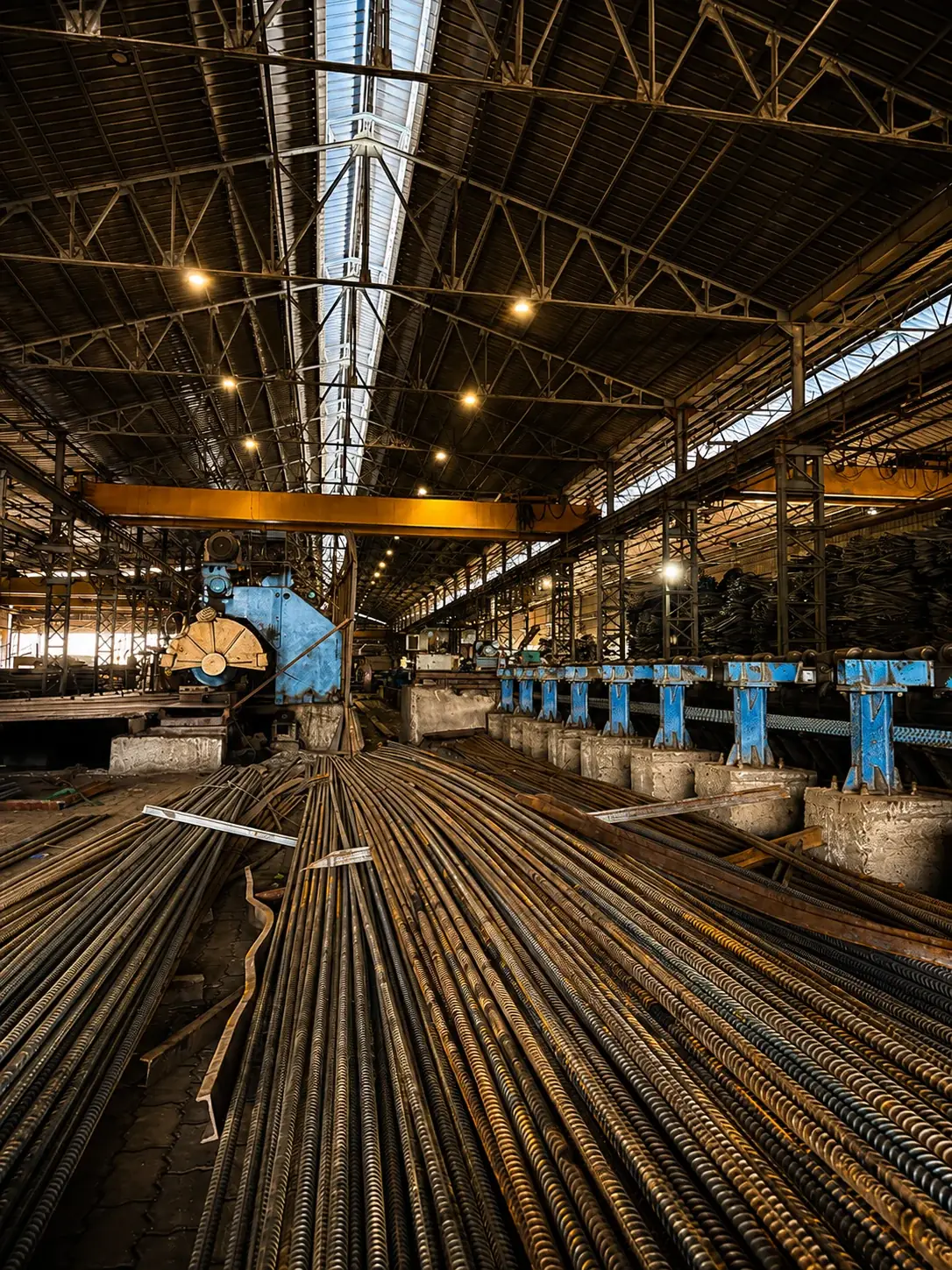 Rolling Mill Floor — Blue Machinery and Overhead Crane