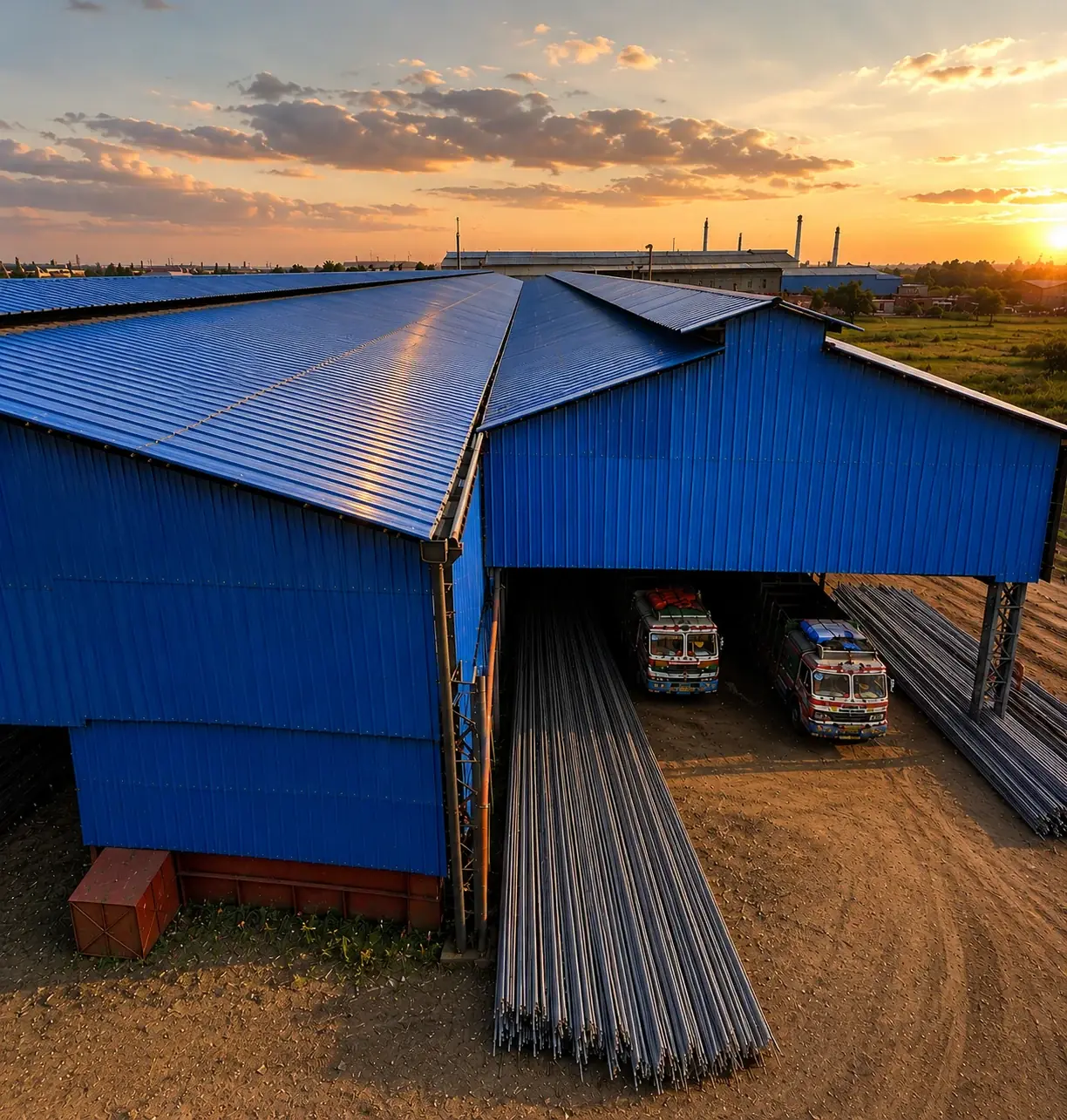 Aerial View of Factory Sheds at Golden Sunset